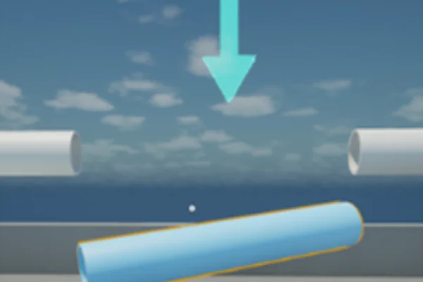Une flèche turquoise pointe vers le bas, au-dessus d’un tube bleu posé près de deux tuyaux.