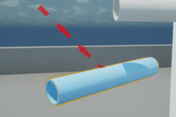 Des flèches rouges alignées relient un tuyau à un tube bleu posé en contrebas.