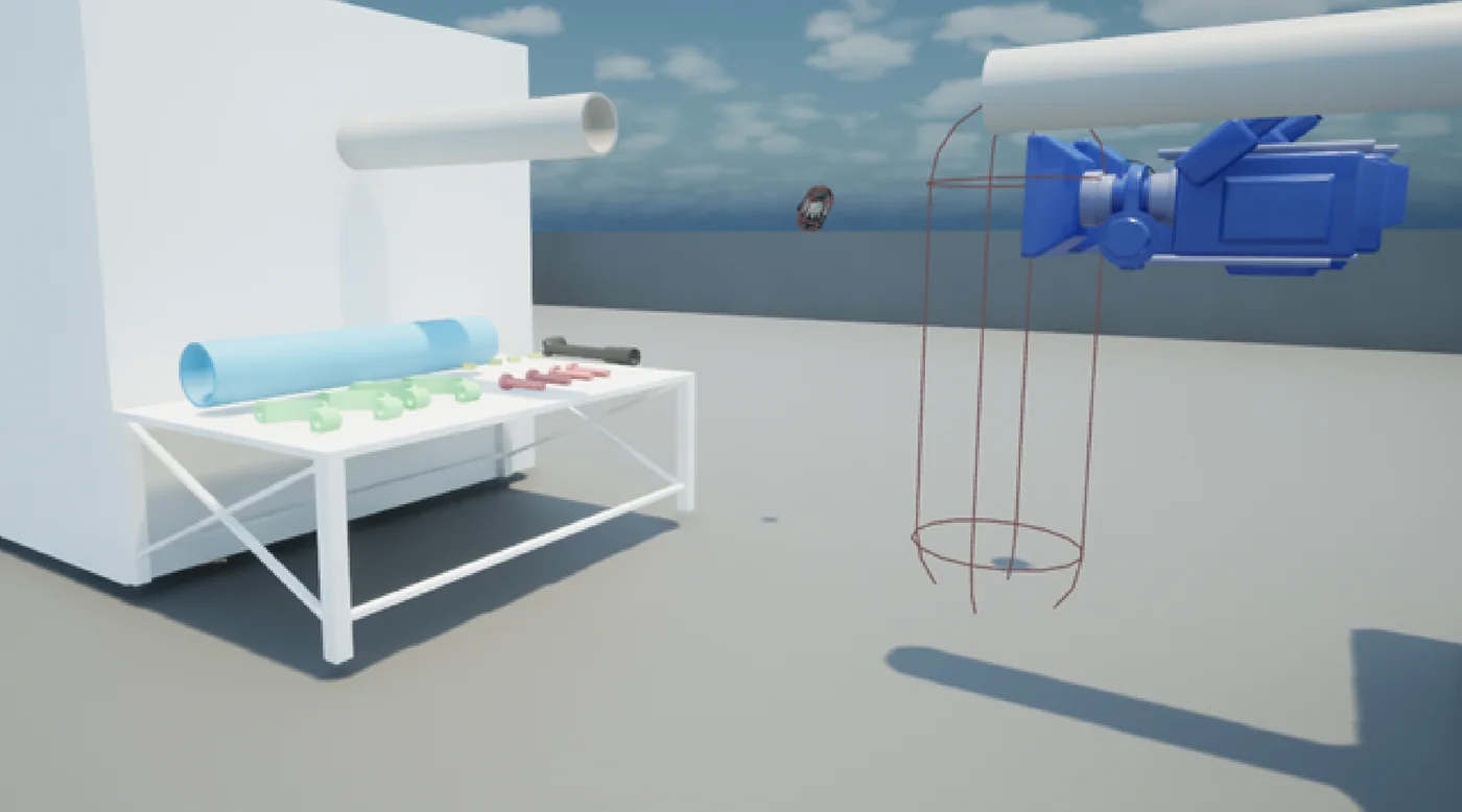 Scène 3D&nbsp;: un établi blanc portant un tube bleu, des colliers verts et des vis roses, devant un tuyau à raccorder à une machine bleue.