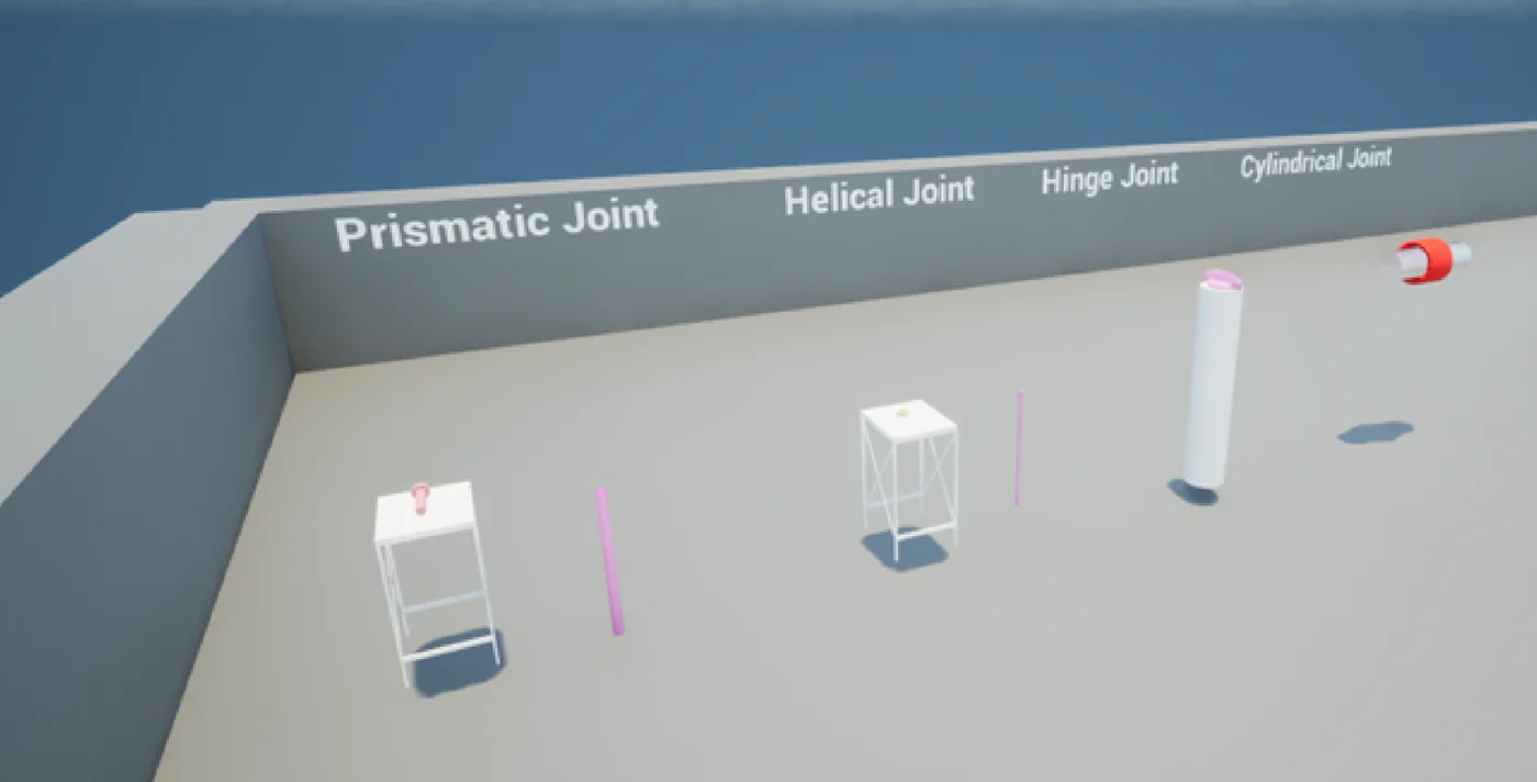 Scène 3D&nbsp;: quatre postes alignés le long d’un mur qui porte les inscriptions Prismatic Joint, Helical Joint, Hinge Joint et Cylindrical Joint.