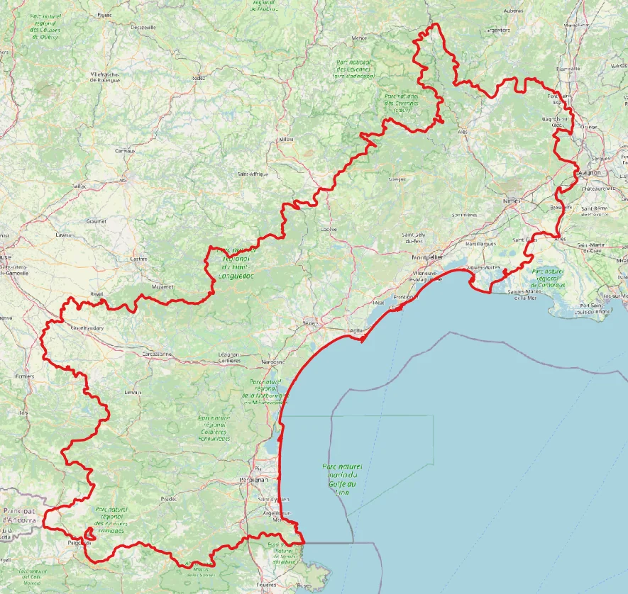 Carte du sud de la France avec, en rouge, le contour du périmètre d’étude le long de la Méditerranée.