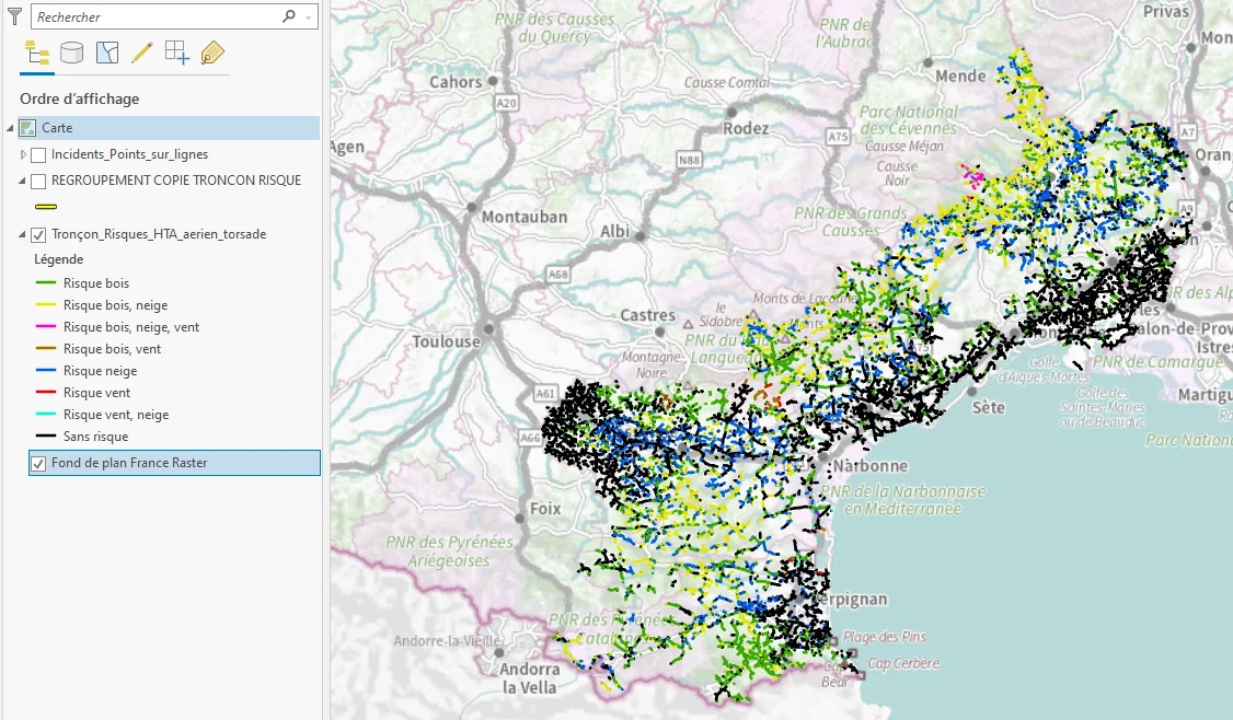 Carte de la région dans ArcGIS&nbsp;: les lignes aériennes haute tension colorées selon huit classes de risque, de «&nbsp;risque bois&nbsp;» à «&nbsp;sans risque&nbsp;».