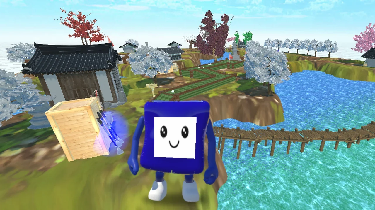Vue de l’île de Mystic Minigolf&nbsp;: un temple, un parcours de minigolf, un pont de bois sur l’eau et, au premier plan, la mascotte bleue au visage souriant.