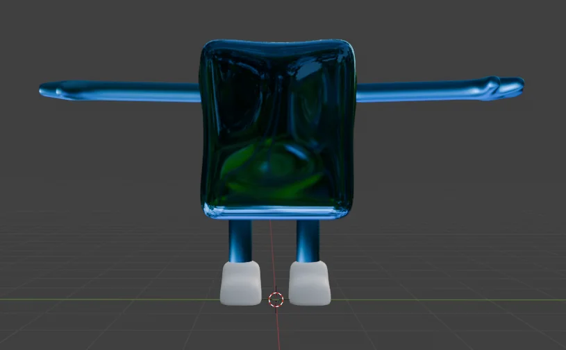 Modèle 3D dans Blender&nbsp;: un corps cubique bleu-vert translucide, les bras tendus à l’horizontale, des jambes bleues et des chaussures blanches.