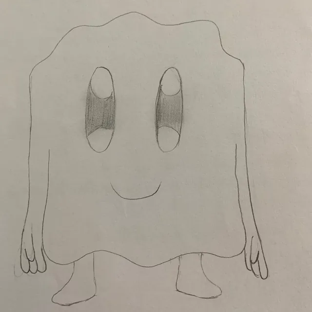 Croquis au crayon d’une créature au corps carré, avec deux grands yeux, un sourire, de petits bras et de petites jambes.