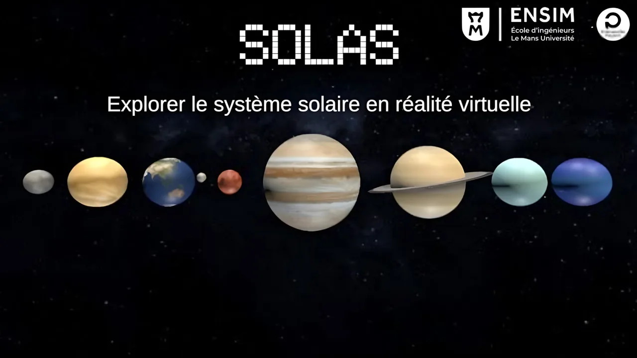 Écran titre de SOLAS&nbsp;: les planètes du système solaire alignées sur fond étoilé.