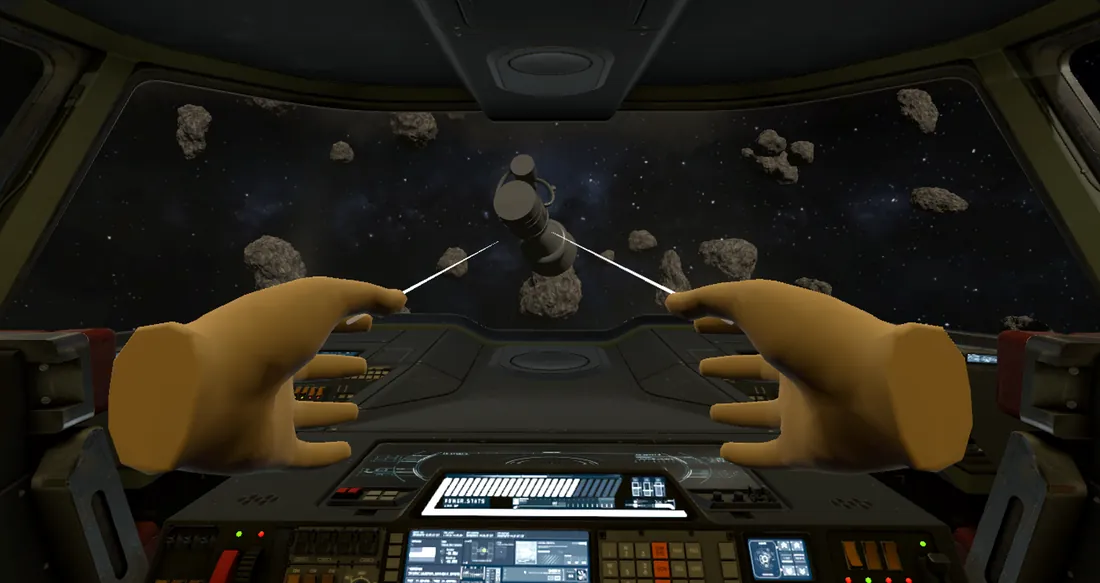 Vue du cockpit en VR&nbsp;: deux mains tendues vers un moteur qui flotte parmi des astéroïdes.