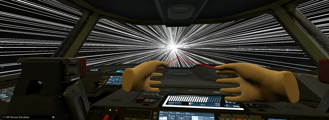 Traits blancs filant vers le centre de l’écran, vus du cockpit.
