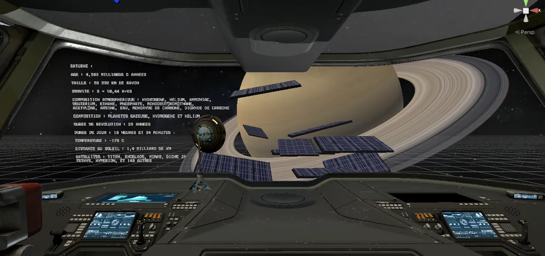Saturne vue du cockpit, avec un panneau de texte de présentation à gauche.