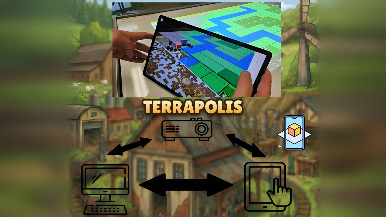 Visuel de TerraPolis&nbsp;: une tablette en réalité augmentée tenue au-dessus d’une carte quadrillée, et un schéma reliant projecteur, ordinateur et tablette.