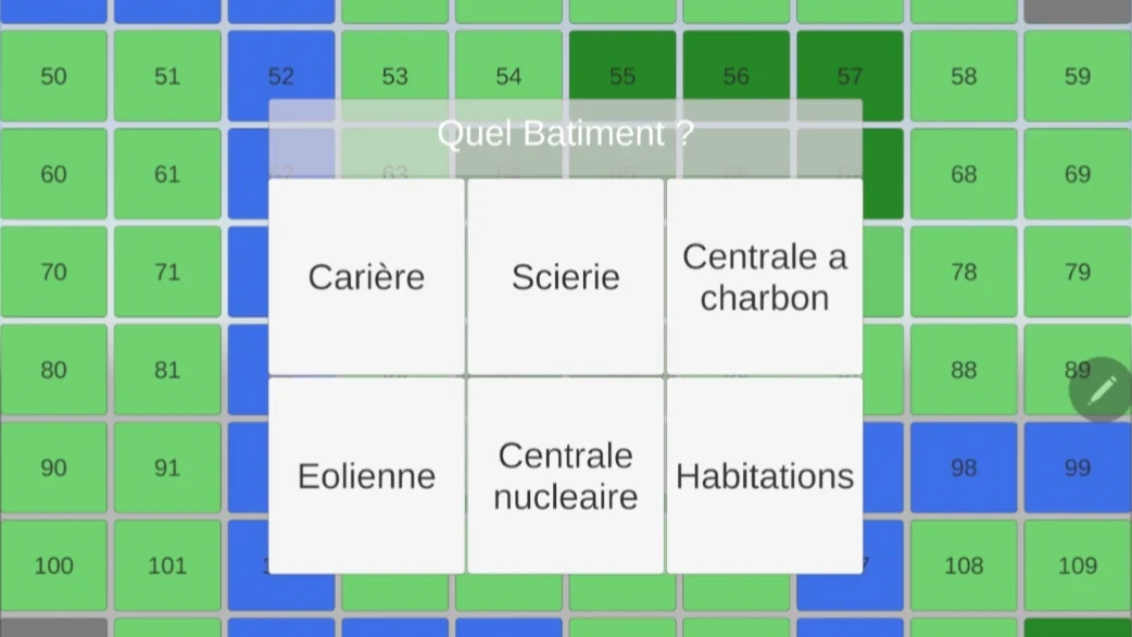 Vue 2D de l’application mobile&nbsp;: la grille de tuiles et le menu de choix parmi six bâtiments.