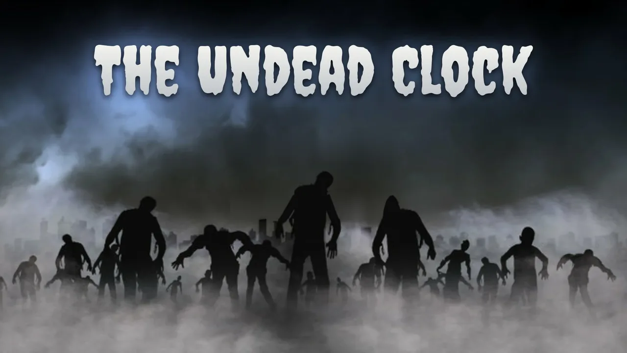 Écran titre de The Undead Clock&nbsp;: le titre au-dessus de silhouettes de zombies avançant dans la brume.
