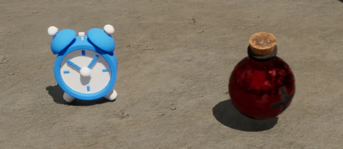 Un réveil bleu et une potion rouge posés au sol.